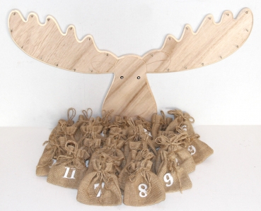 Megashop 2000 - Adventskalender Elch aus Holz mit Jutesäckchen zum Befüllen